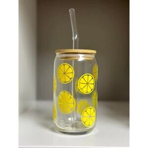Lemons Glass Can with Bamboo Lid and Glass Straw 16oz